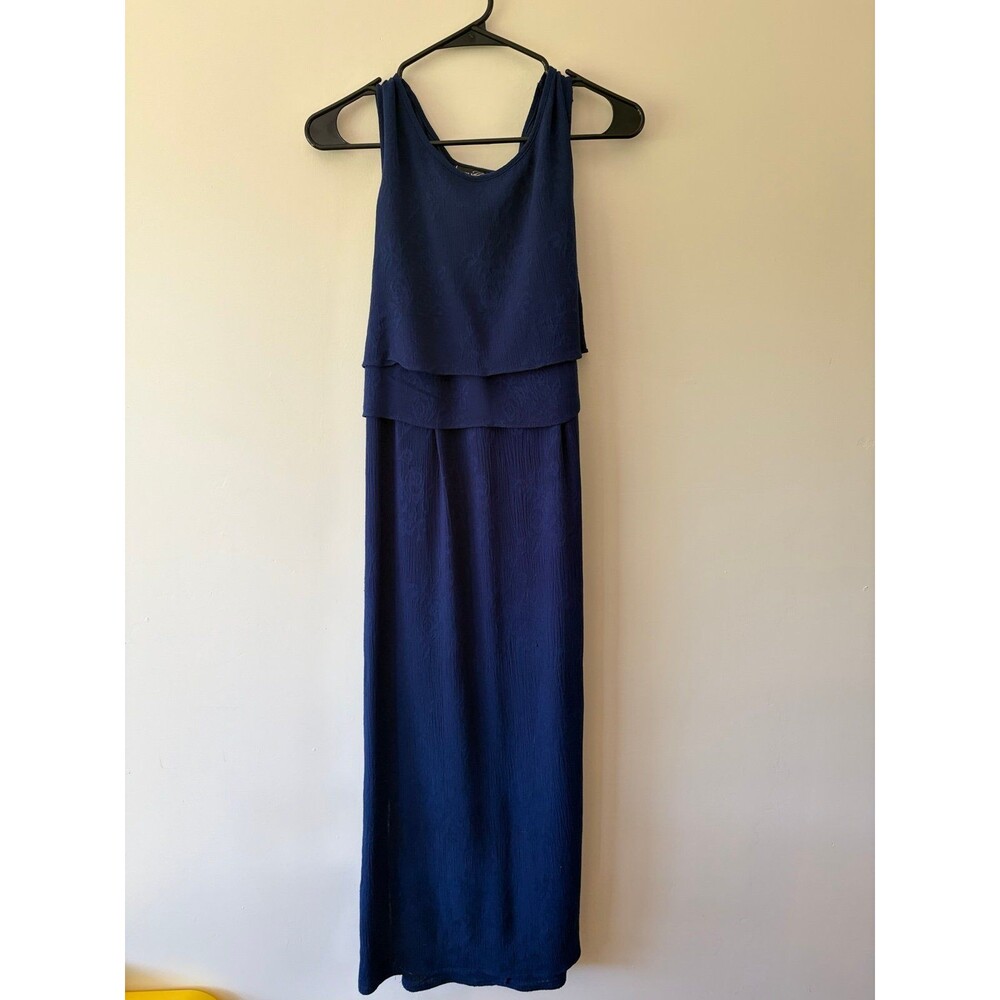 Molly Malloy Navy Blue Maxi Dress Tiered Bodice Sleeveless Crinkle Floral